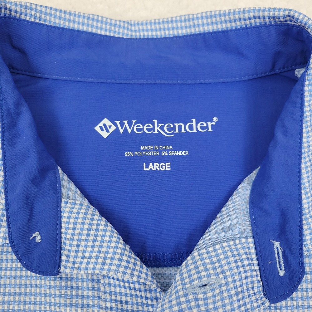 Weekender Short Sleeve Pocket Polo Shirt Mens Large Blue White Gingham Plaid Top